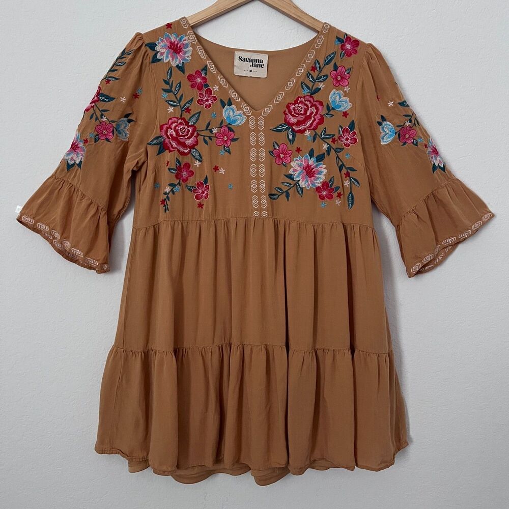 Savanna Jane Tunic Women's Mini Dress Embroidered Floral V Neck Boho M